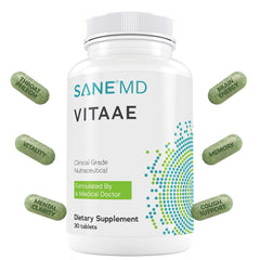 SANE Vitaae bottle pour demonstrates simple daily dosing for brain and respiratory balance.