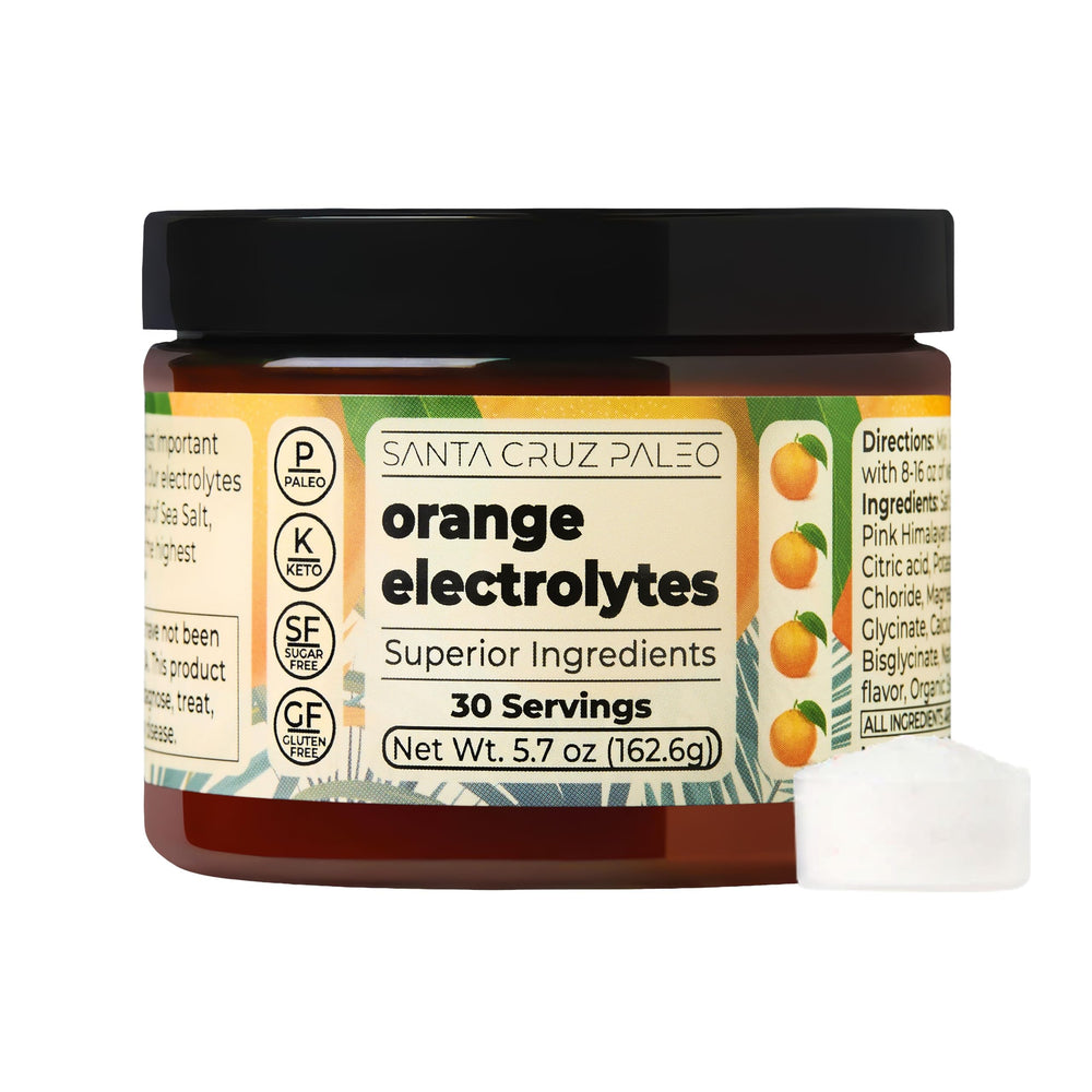 Santa Cruz Paleo Electrolyte Powder orange bottle for on-the-go hydration.