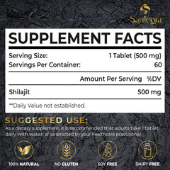 Santegra Shilajit tablets 500mg bottle closeup, pure Himalayan resin with fulvic acid