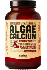 Sapling calcium supplement bottle label showing algae-based calcium complex for bone-supporting nutrition