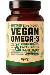 Sapling Vegan Omega-3 bottle showing algae-based DHA and EPA for daily wellness.
