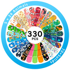 Saranna bandages with dinosaur travelling design for playful wound care during activity.