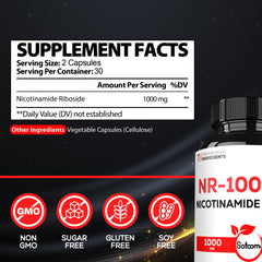 Close-up of Satoomi NAD NR capsules, vegan-friendly formula for everyday vitality.