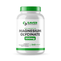 Close-up of Saver Supplements Magnesium Glycinate capsules highlighting chelated form for absorption