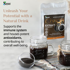 Sayan Chaga powder close-up reveals rich texture and purity.