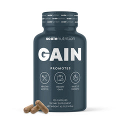 Scale Nutrition Gain capsules bottle offers convenient weight gain support for workouts.