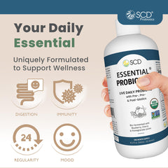 SCD Probiotics liquid probiotic pour into glass for easy daily dosing