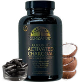 Schizandu Organics activated coconut charcoal capsules bottle for detox support.
