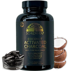 Schizandu Organics activated coconut charcoal capsules bottle for detox support.