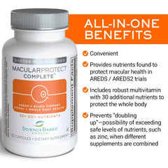 ScienceBased Health MacularProtect Complete bottle label shows AREDS 2 nutrients.
