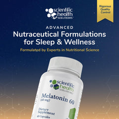 Scientific Health Solutions US-made melatonin bottle on nightstand beside a lamp