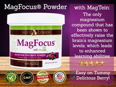 Script Essentials MagFocus bottle label highlights Magtein and Albion minerals for wellness.