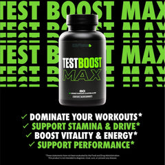 Test Boost Max label close-up highlighting tribulus and ashwagandha for vitality.