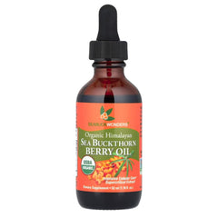 SeabuckWonders sea buckthorn berry oil bottle on a neutral backdrop, omega-7 rich for skin support.