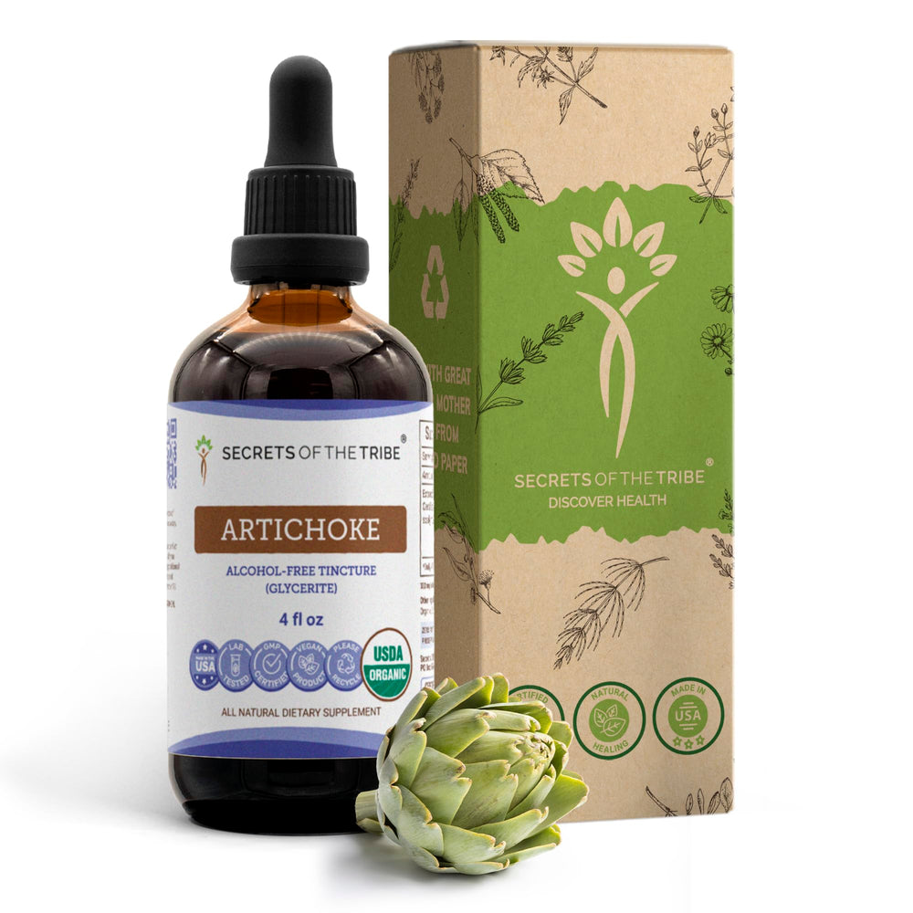 Secrets of the Tribe Artichoke Drops bottle showing organic, alcohol-free extract.