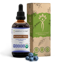 Secrets of the Tribe bilberry fruit bottle shows organic, alcohol-free extract for daily wellness routines.