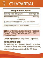 Secrets of the Tribe Chaparral capsules close-up highlighting 1000 mg per serving