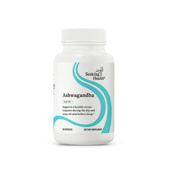 Seeking Health Ashwagandha bottle showing a potent adaptogen for immune support and focus