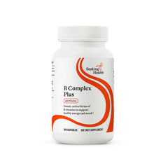 Seeking Health B Complex Plus bottle label on a shelf, supports energy and mood.