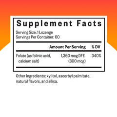 Seeking Health Folinic Acid lozenge packaging highlights labeling and dosage details.