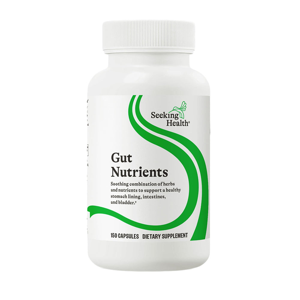 Seeking Health Gut Nutrients bottle front view highlighting gluten-free GI support.