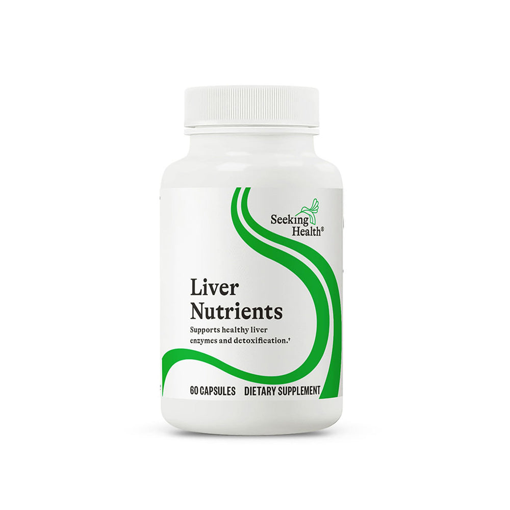 Seeking Health Liver Nutrients bottle on a shelf supports glutathione maintenance