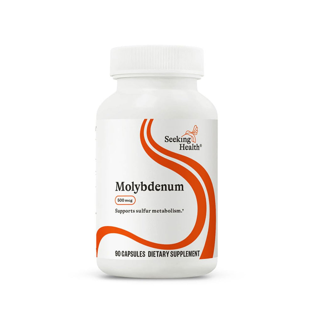 Seeking Health Molybdenum bottle front with vegan capsules for daily metabolic support