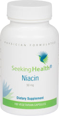 Seeking Health Niacin 50 mg capsule bottle supports energy and skin health.