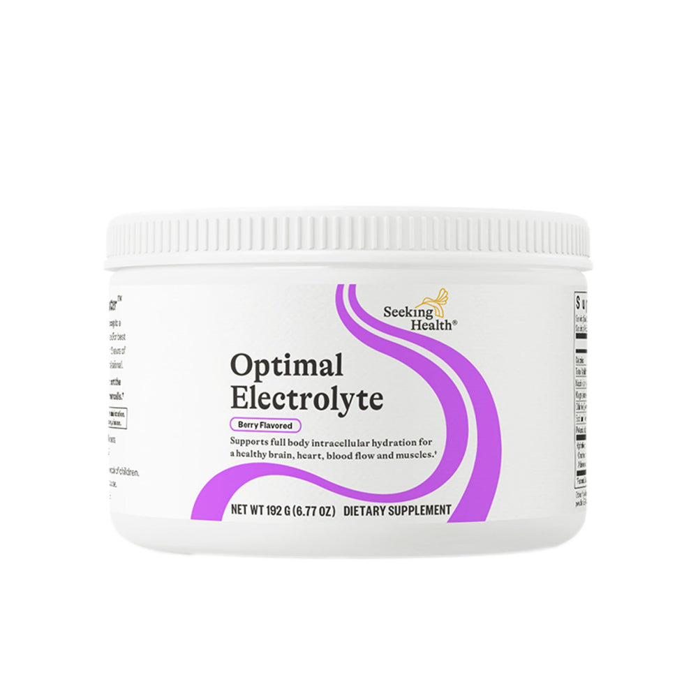Seeking Health Optimal Electrolyte Powder Berry bottle front shows hydration-focused formula