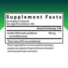 Seeking Health Ox Bile bottle label close-up showing 125 mg dose for digestion.