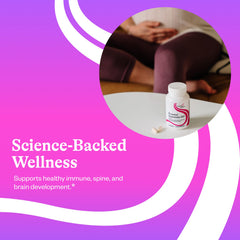 Seeking Health Prenatal Essentials capsules near bottle cap illustrate two-capsule daily serving.
