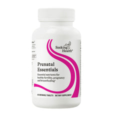 Seeking Health Prenatal Essentials chewable bottle on table supports convenient prenatal care.