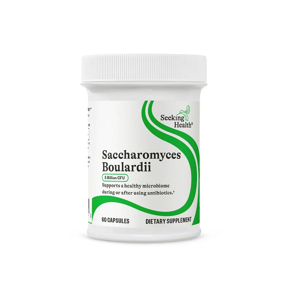 Seeking Health Saccharomyces boulardii bottle showing a shelf-stable probiotic for digestion support