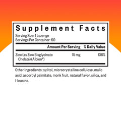 Seeking Health zinc lozenge bottle closeup with chelated zinc bisglycinate label.