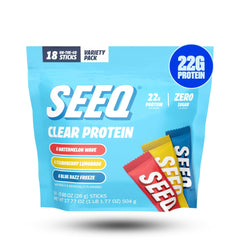 SEEQ Clear Whey Isolate sample pack front view for on-the-go fueling