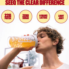 SEEQ Clear Whey Isolate Strawberry Lemonade glass with ice, ideal for on-the-go hydration.