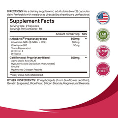 Selerb NADGENIE ingredients label features β-NAD+ and Trans-Resveratrol for cellular support.