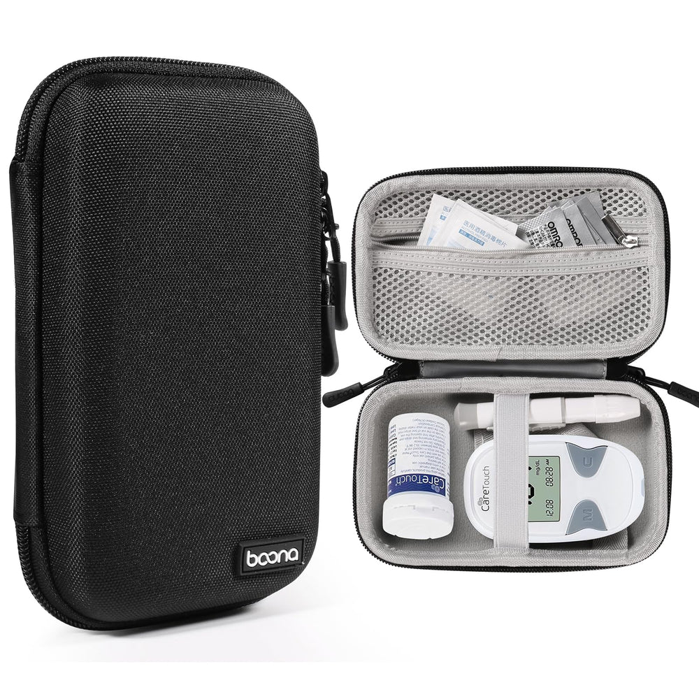 Seqoiyia diabetic travel case in black keeps your glucose monitor protected on the go.