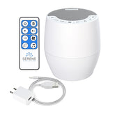 Serene Evolution white noise machine front view on a bedside table for easy nightly use