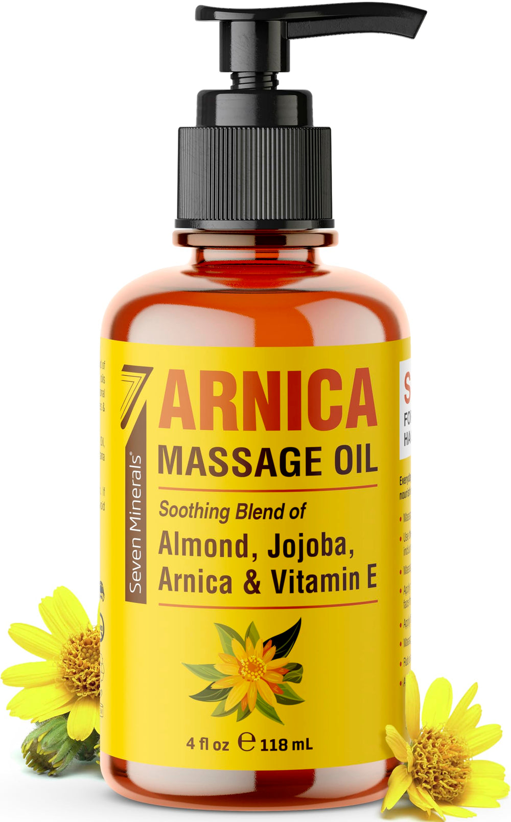 Seven Minerals Arnica Sore Muscle Massage Oil bottle front view for professional or at-home massage.