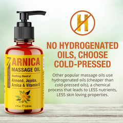 Seven Minerals Arnica Sore Muscle Massage Oil shown during a massage session to ease muscle tension.