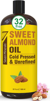 Seven Minerals Sweet Almond Oil bottle 32oz pour for easy skin and hair care.