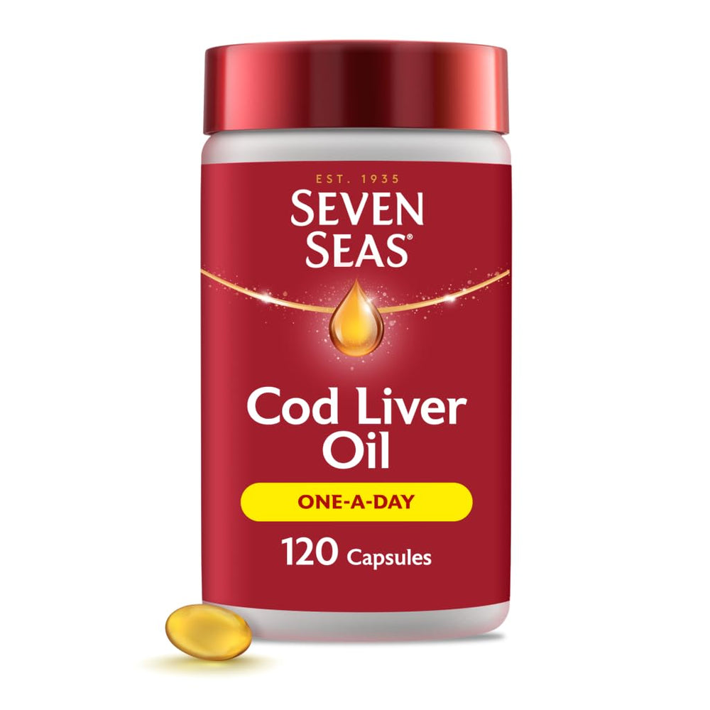 Seven Seas Pure Cod Liver Oil bottle and capsules for daily vitamin support.