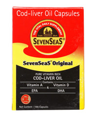 Seven Seas Seacod cod-liver oil capsules bottle close-up, highlighting omega-3 and vitamins A and D.