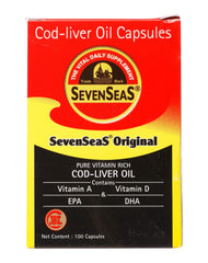 Seven Seas Seacod bottle label shows vitamins A and D for daily nutrition.