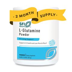 SFI Health Klaire L-Glutamine powder scoop shows 5 g per serving for daily support