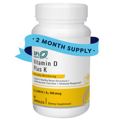 SFI Health Klaire Labs Vitamin D Plus K bottle on desk supporting bone health