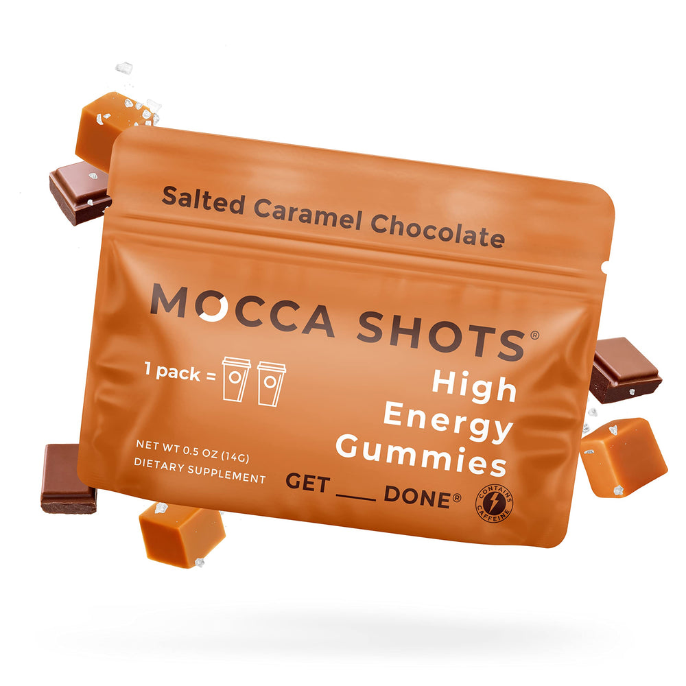 SGC Mocca Shots Salted Caramel pack with two caffeine gummies for quick, portable energy.