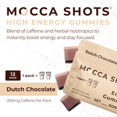Close-up of Dutch Chocolate Mocca gummies highlighting rich cocoa flavor and energy bite