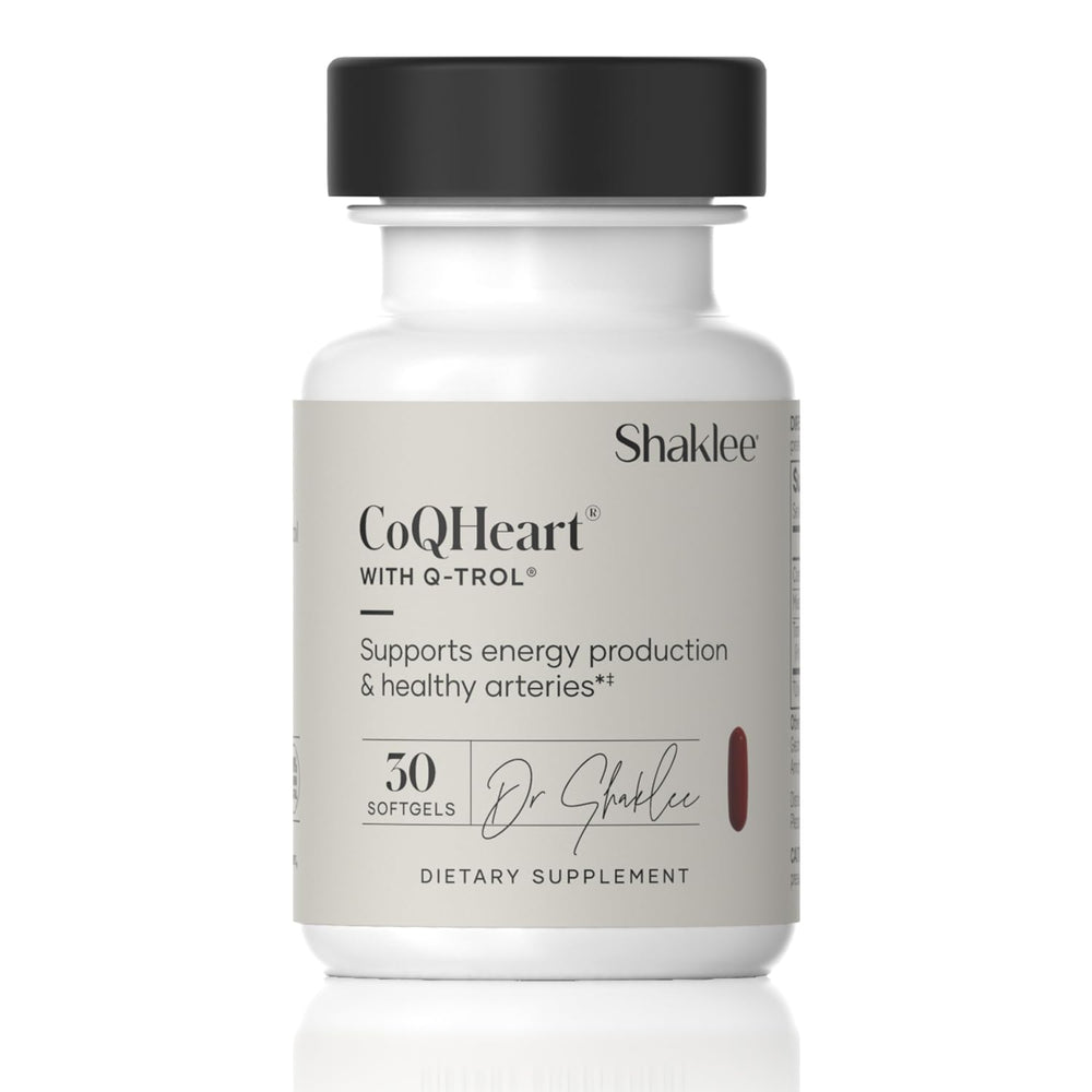 Shaklee CoQHeart bottle label highlights energy support for heart health.